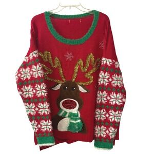 Holiday Traditions Women Sz 3X Red Reindeer Snowflake Ugly Christmas 3-D Sweater